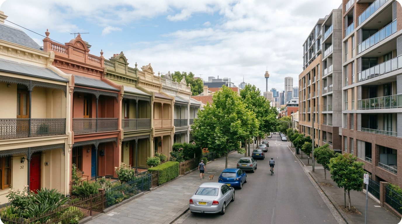 A street of terrace houses beside apartment blocks, with trees and parked cars.