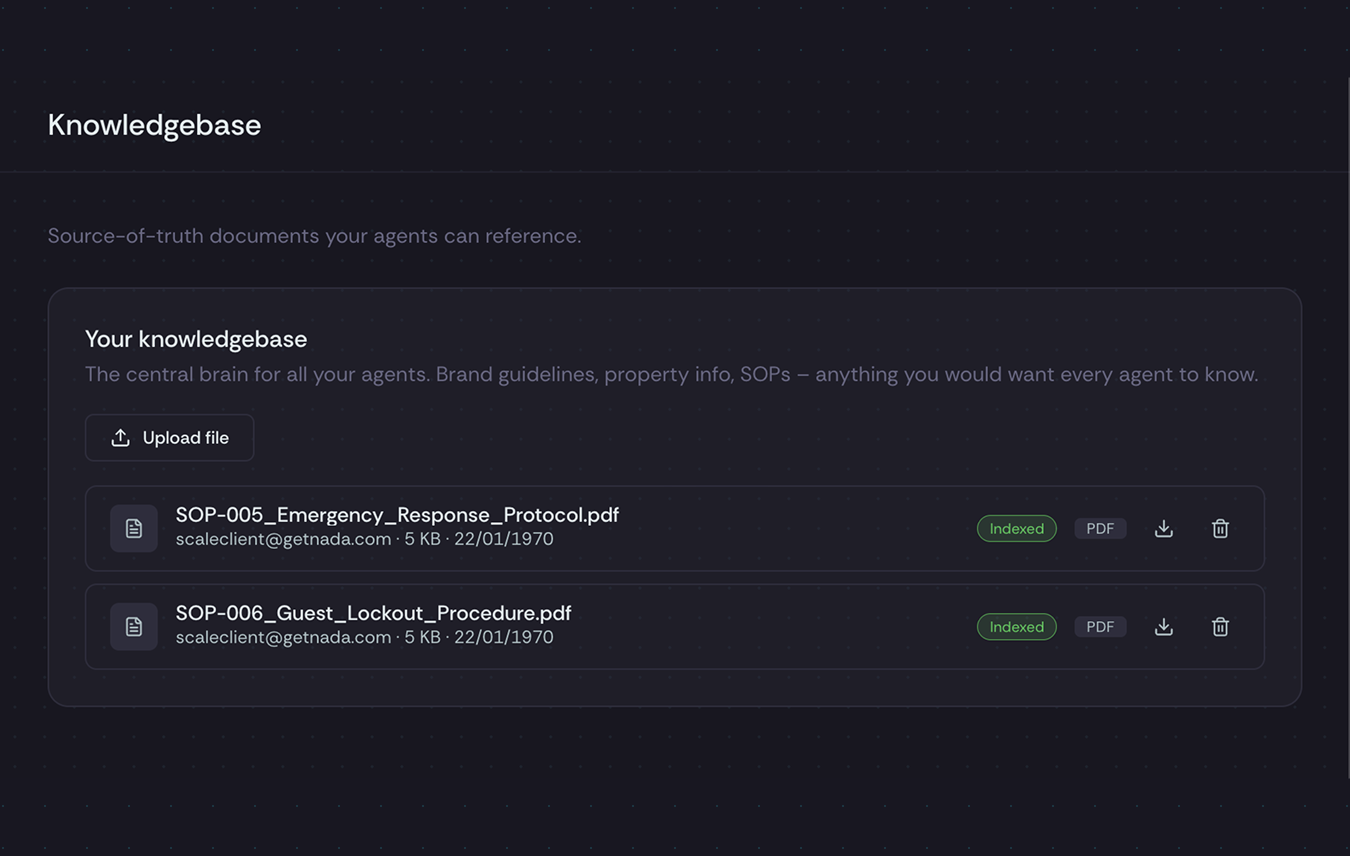 ScaleGX portal knowledge base of uploaded documents that every agent answers from.
