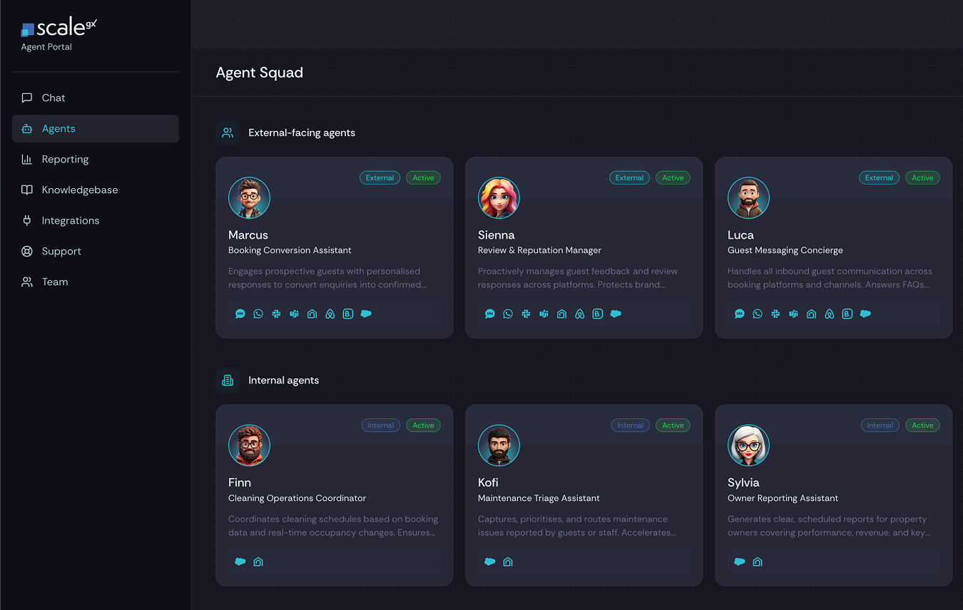 ScaleGX portal showing an operator's squad of AI agents, each with its name, role and live status.